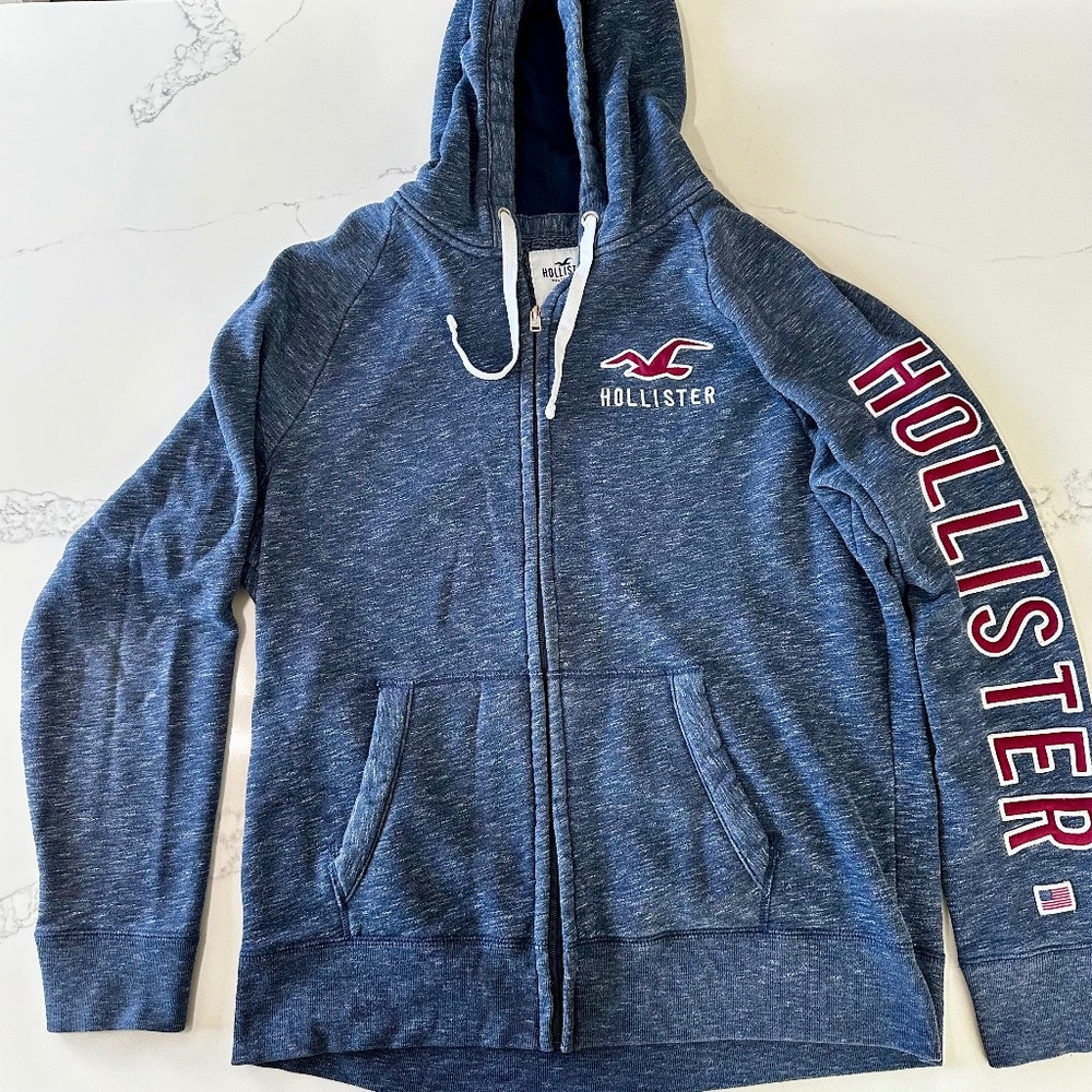 Hollister Men’s Zip Up Hoodie XL Blue Full Zip Jacket Logo Sweatshirt Great cond